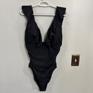 J.Crew Ruffle Shoulder V-Neck One-Piece Swimsuit Black size 16